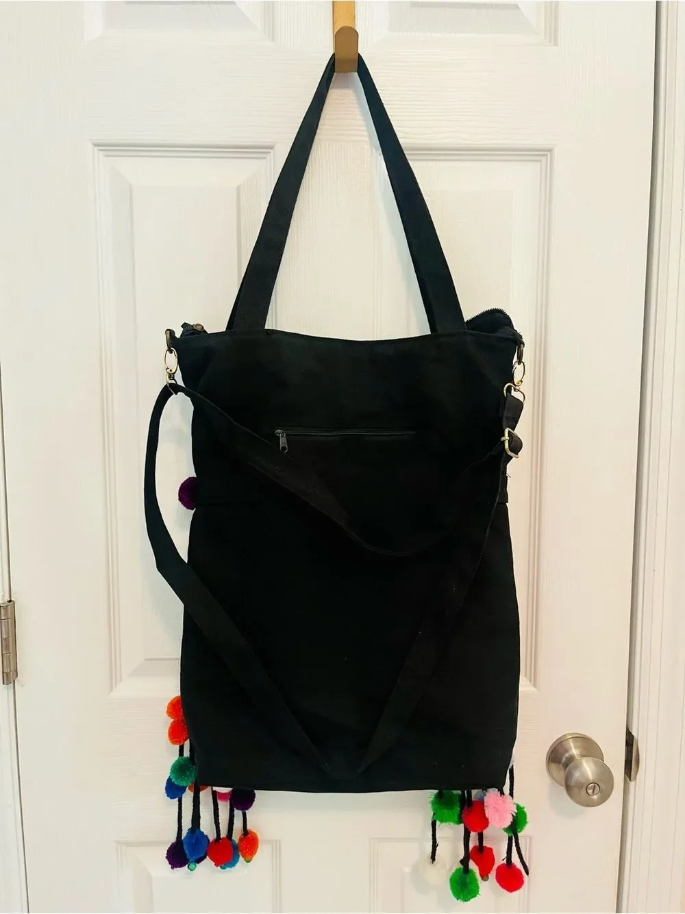 Boho Embroidered Floral & Bird Convertible Tote Backpack w/Pom Pom Tassels NWOT